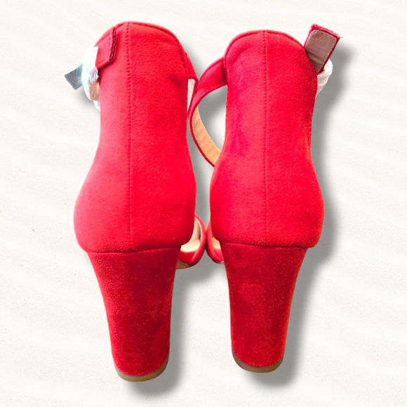 Women's  Peep Toe Ankle Strap Buckle Chunky High Heels Sandals  Red Shoes Sz 9 - Picture 6 of 6